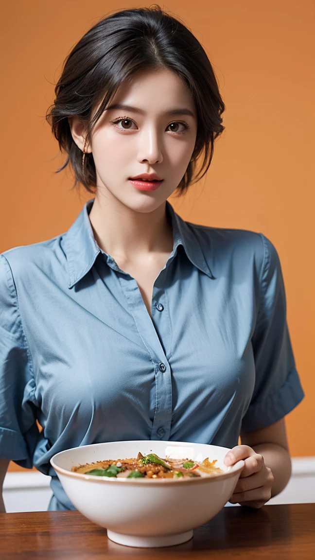 Realistic photos, Beautiful woman , short hair , Orange background , Sexy look , Upper body shot only , Very large breasts , Upturned nipples ,Dark blue collared blouse , Eat rice with palm-sized bowls and chopsticks
