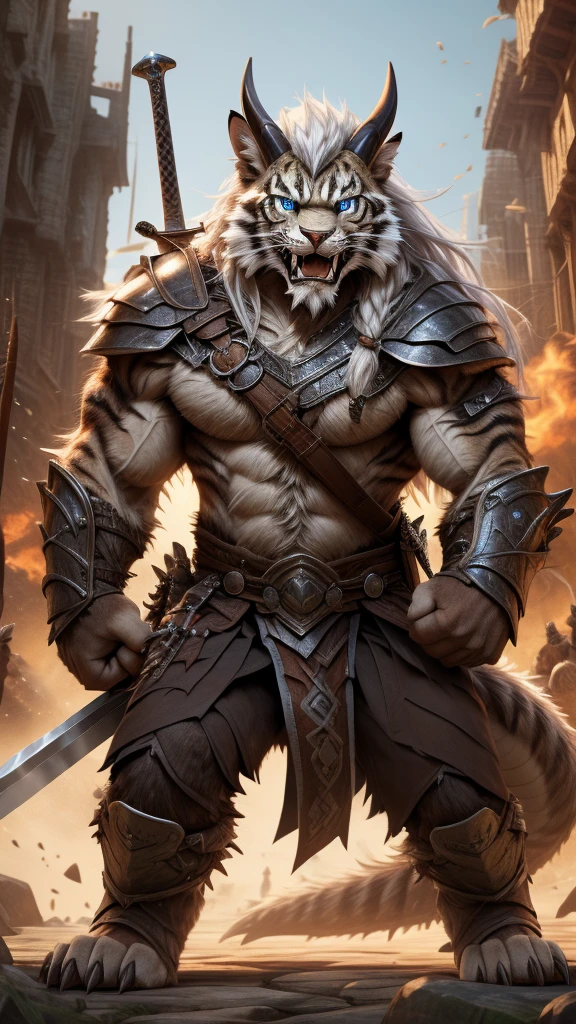 head、Animal cat face、A pair of dragon horns,Fluffy white hair all over the body、Heavy breathing、Gnashing of teeth,Serious expression,Fluffy belly、Leather Armor,Viking style,wildcat、blue eyes,(contour)The whole body is covered with long white hair、Hairy body、Long and thick armpit hair、Fangs、4K,War Background,Sharp claws、Capture the composition of the whole body、 A sword,Left hand holding the hilt,Fighting Stance,HD holding weapon/bow/sword/dagger/katana/spear...