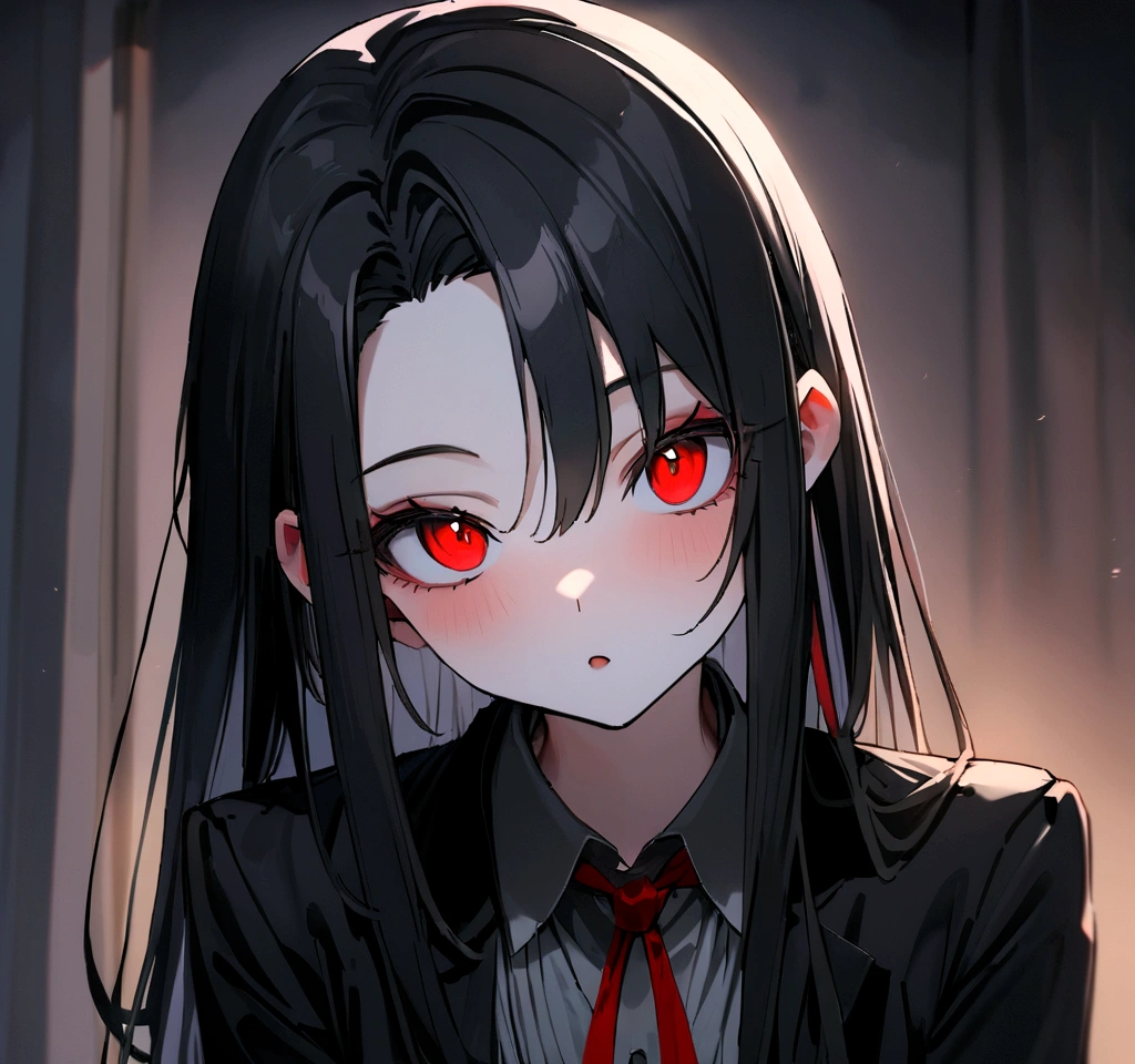 I'm a girl, I'm 18 years old and I'm a virgin. I have black long hair with a red streak. I have bright red eyes and am wearing a .