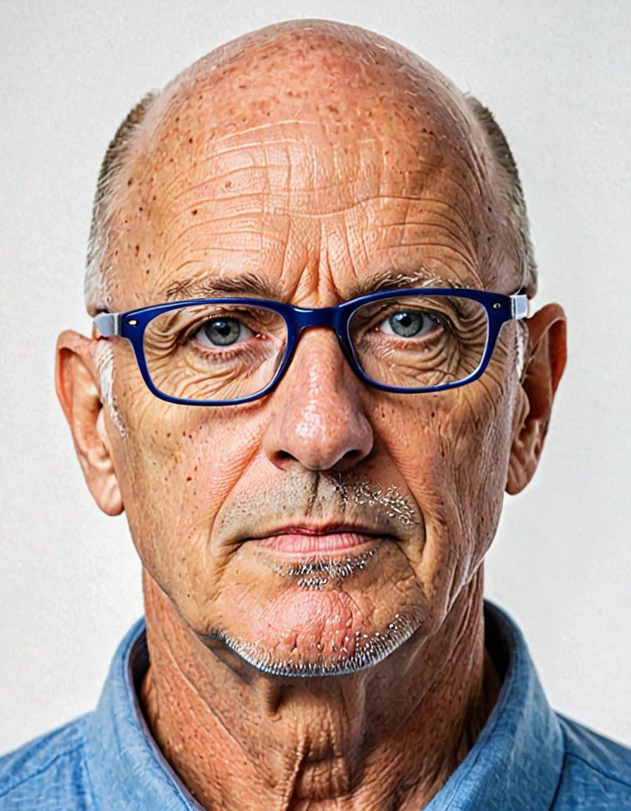 pure white background, white id photo, closeup, photo of 50 y.o man in blue clothes, serious face, bald, glasses, long hair, no beard,no mustages, clean face, lations:1.2