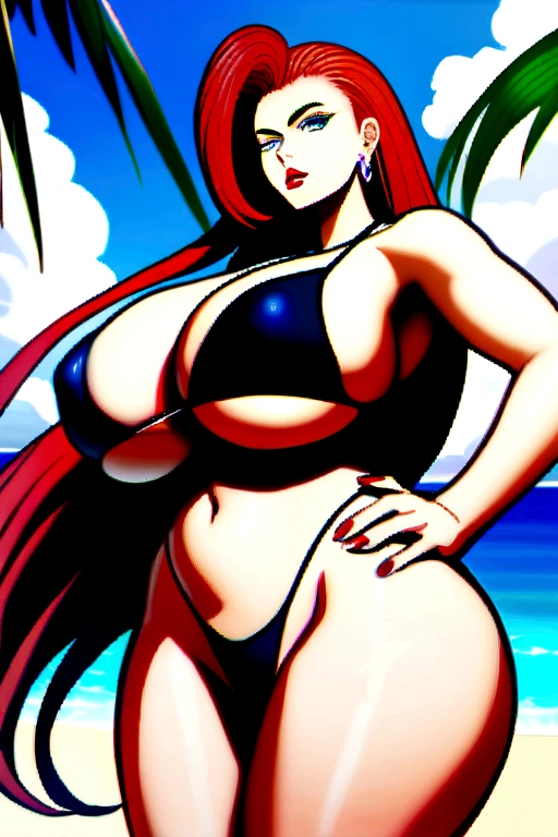 jessie pokemon, bikini, ocean, jewelry, blue eyes, thighs, hand on hip, long hair, solo, red lips, day, covered nipples, navel, nail polish, makeup, sky, micro bikini, thick thighs, hair slicked back, outdoors, 1girl, blue sky, black bikini, beach, tree, red hair, earrings, huge breasts, looking at viewer, lipstick, very long hair, red nails, swimsuit, cloud, palm tree