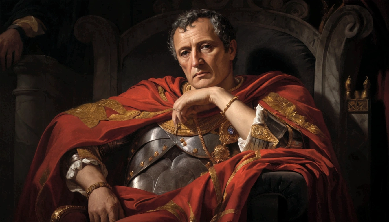 painting of julius cesar stripped on his throne, Stylish with its iconic red cape, he is middle aged 52 years old 