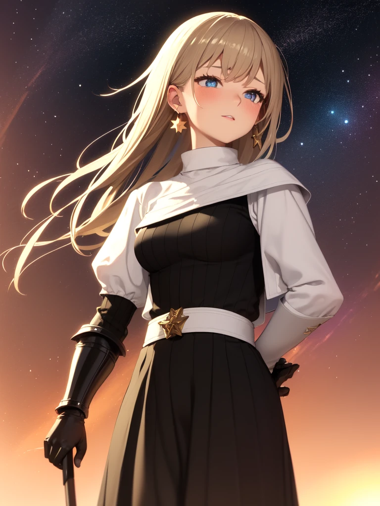 1girl, solo, armor, earrings, jewelry, shoulder armor, sky, looking at viewer, gloves, black gloves, fire, star (sky), bangs, starry sky, closed mouth, short hair, yellow eyes, breastplate, pauldrons, outdoors, faulds, hand up, grey hair, magic, blush, standing, gauntlets, slit pupils, vambraces, long sleeves, dress, white hair, turtleneck, armored dress, cloud, breasts, cowboy shot, night sky, medium hair, night, white dress, puffy sleeves, from below, sweater, long hair, orange eyes, black sweater, expressionless, swept bangs, shirt, medium breasts, white background, black shirt, fantasy, dutch angle, arm at side, sidelocks, knight, glowing, cloudy sky, blue sky, skirt, gradient sky, simple background, looking down, weapon, long dress, black dress, upper body, black hair, turtleneck sweater, blonde hair, brown eyes, ribbed sweater, long skirt, juliet sleeves, shiny, large breasts, smile, hair between eyes, sunset, 1boy, tabard, shiny hair, flame, gem, energy ball, plate armor, stud earrings, floating, single earring, bracer, blue eyes, clenched hand, galaxy, star (symbol), sun, light particles, brown hair, white skirt, very long hair, black armor, cross, closed eyes, waist cape, parted lips, cross earrings, backlighting, floating hair, dangle earrings, blurry, white shirt, signature, milky way, sword, hair ornament, male focus, space, energy, holding, pyrokinesis, purple sky, frown, twilight