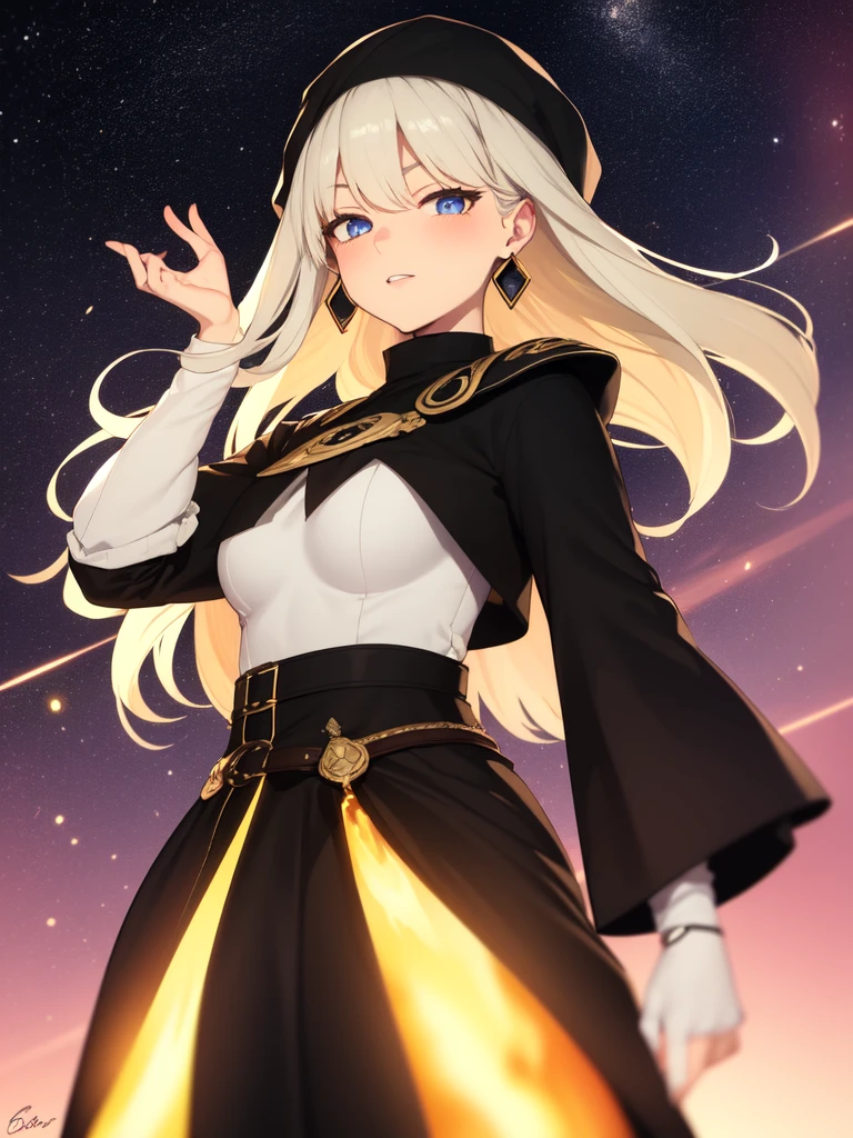1girl, solo, armor, earrings, jewelry, shoulder armor, sky, looking at viewer, gloves, black gloves, fire, star (sky), bangs, starry sky, closed mouth, short hair, yellow eyes, breastplate, pauldrons, outdoors, faulds, hand up, grey hair, magic, blush, standing, gauntlets, slit pupils, vambraces, long sleeves, dress, white hair, turtleneck, armored dress, cloud, breasts, cowboy shot, night sky, medium hair, night, white dress, puffy sleeves, from below, sweater, long hair, orange eyes, black sweater, expressionless, swept bangs, shirt, medium breasts, white background, black shirt, fantasy, dutch angle, arm at side, sidelocks, knight, glowing, cloudy sky, blue sky, skirt, gradient sky, simple background, looking down, weapon, long dress, black dress, upper body, black hair, turtleneck sweater, blonde hair, brown eyes, ribbed sweater, long skirt, juliet sleeves, shiny, large breasts, smile, hair between eyes, sunset, 1boy, tabard, shiny hair, flame, gem, energy ball, plate armor, stud earrings, floating, single earring, bracer, blue eyes, clenched hand, galaxy, star (symbol), sun, light particles, brown hair, white skirt, very long hair, black armor, cross, closed eyes, waist cape, parted lips, cross earrings, backlighting, floating hair, dangle earrings, blurry, white shirt, signature, milky way, sword, hair ornament, male focus, space, energy, holding, pyrokinesis, purple sky, frown, twilight