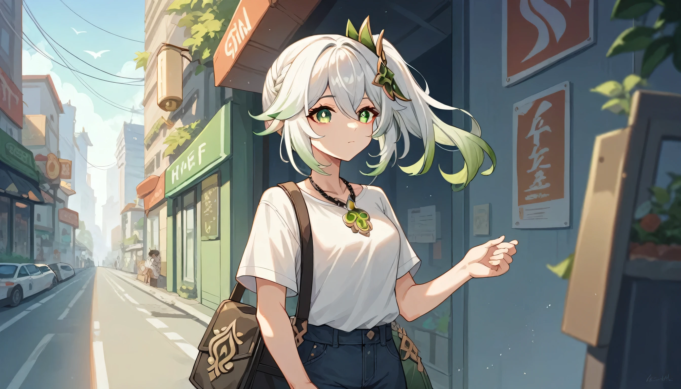 masterpiece , best quality,Nashida(Genshin Impact), 1 Girl , White shirt:1.5 ,Side Ponytail ,White hair ,Colorful hair, Green Eyes,Casual wear , have , Black necklace, Bag , Green Hair,heavy traffic , urban life 