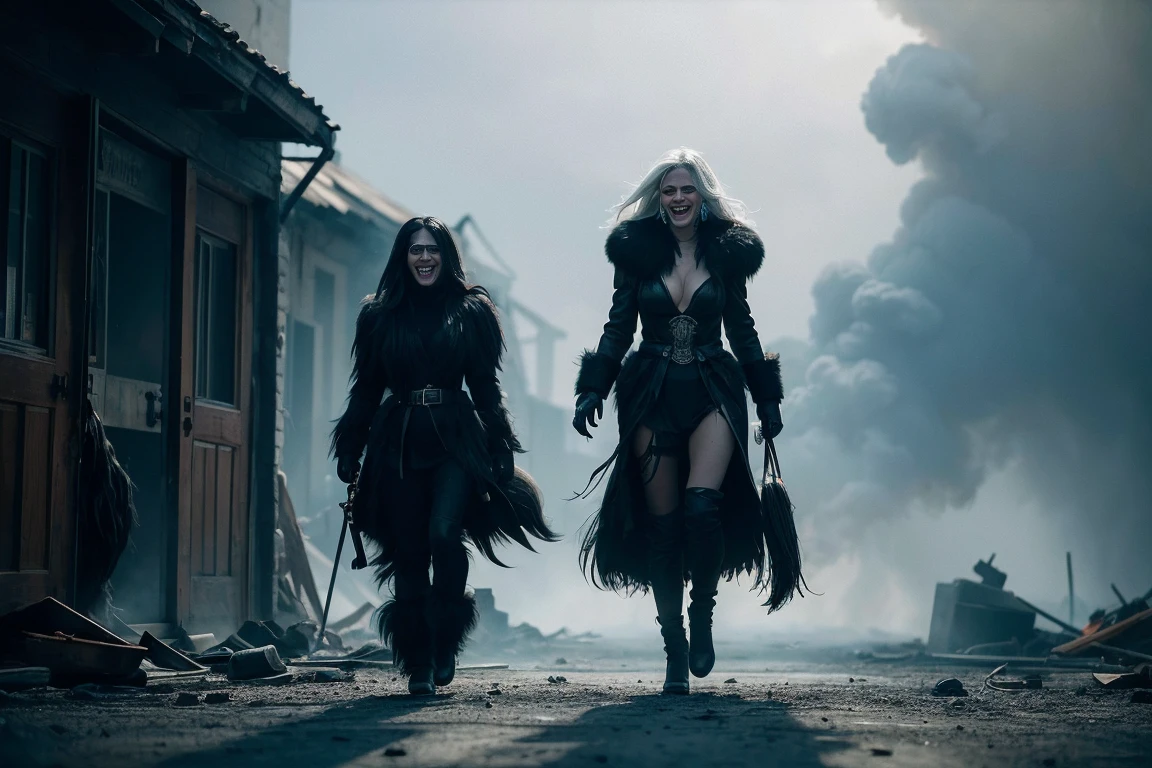 A beautiful ultra hot European woman, 23 years, she is death (laughing out loud:1.2), black fur, and a lock of white hair. she walks on a floor full of skeletons and skulls after a disaster.smoke, llamas, Explosions. dramatic cinematographic light. smoke, llamas.neckline