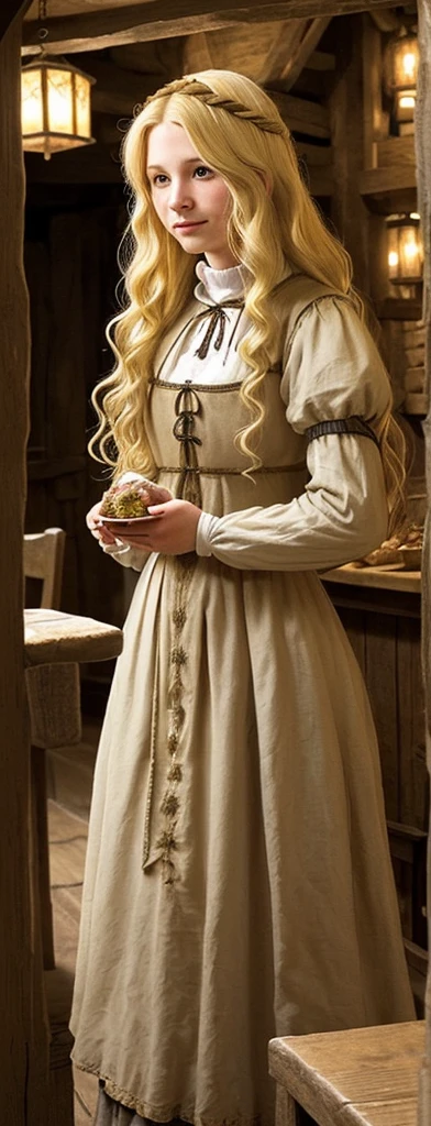 A woman dressed in humble medieval clothing. She is blonde with long wavy hair. You are entering the dining room of a wooden tavern..