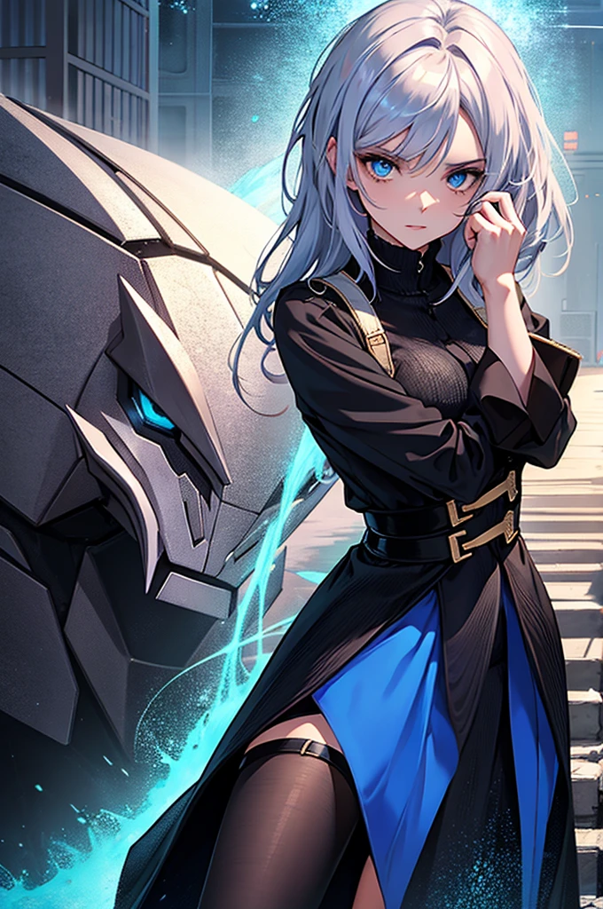 Riven in central position, with a cryptic expression. Um olho azul celestial e o outro rot ardente. Wearing black outfits with blue details, rot, silver and gold, highlighting your mysterious figure.