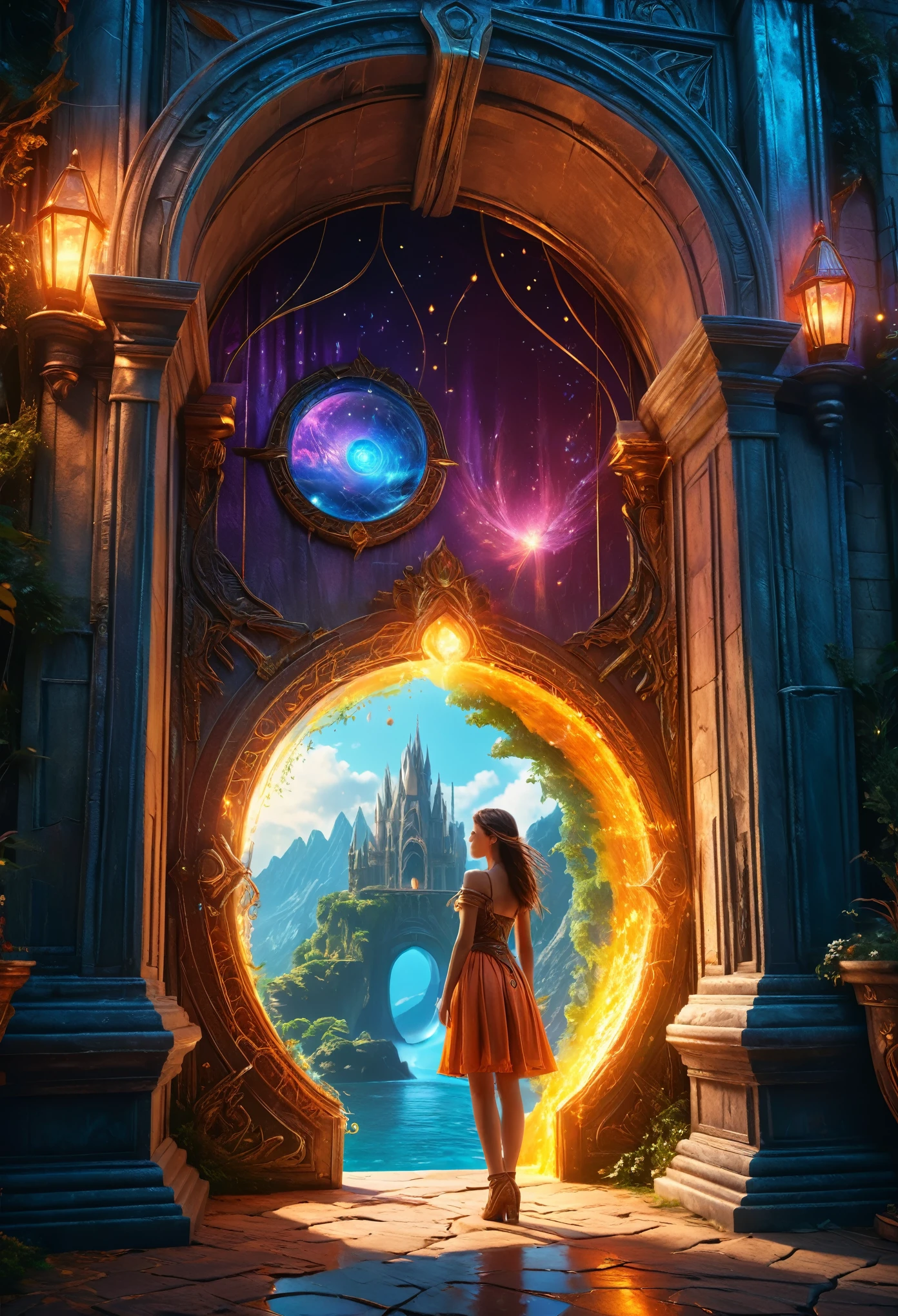 A beautiful girl, intricate fantasy world with a magical portal, magical atmosphere, highly detailed, photo-realistic, 4k, masterpiece, ultra-detailed, hyper-realistic, stunning lighting, vibrant colors, cinematic, dramatic composition, fantasy art, digital painting, concept art