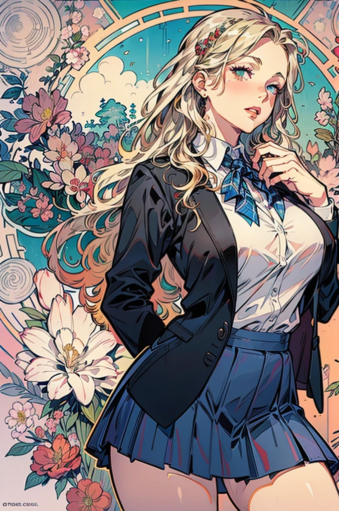 (by mucha:1.2),detailed background,art deco,Beautiful landscape painting,Botanical Art,Floral Art,(floral:1.2),
(masterpiece, best quality),vibrant colors,colorful, highest quality, amazing details, anatomically correct,
lineart, depth of fields,flat shading,bokeh,
(wavy hair,blonde hair),(thighs),(huge tit),Perfect style,Thin leg,
(plain school uniform:1.5),(school uniform Blazer),(black-Blazer),(school uniform plaid skirt),open clothes,
posing,
(sots style),