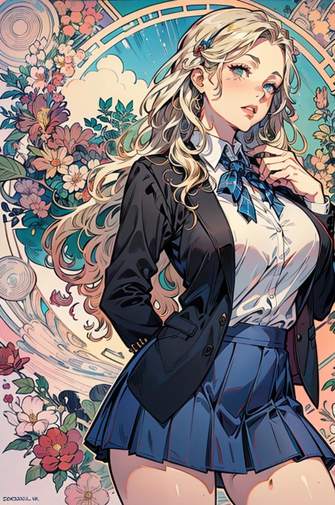 (by mucha:1.2),detailed background,art deco,Beautiful landscape painting,Botanical Art,Floral Art,(floral:1.2),
(masterpiece, best quality),vibrant colors,colorful, highest quality, amazing details, anatomically correct,
lineart, depth of fields,flat shading,bokeh,
(wavy hair,blonde hair),(thighs),(huge tit),Perfect style,Thin leg,
(plain school uniform:1.5),(school uniform Blazer),(black-Blazer),(school uniform plaid skirt),open clothes,
posing,
(sots style),