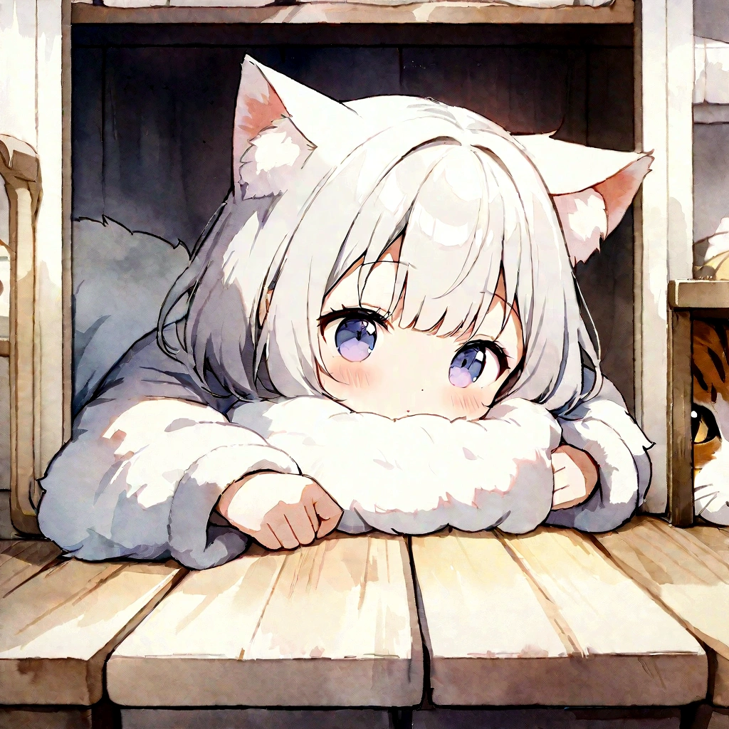 Highest quality、masterpiece、Detailed CG、American Shorthair、cute cat、Fluffy fur、Watercolor
