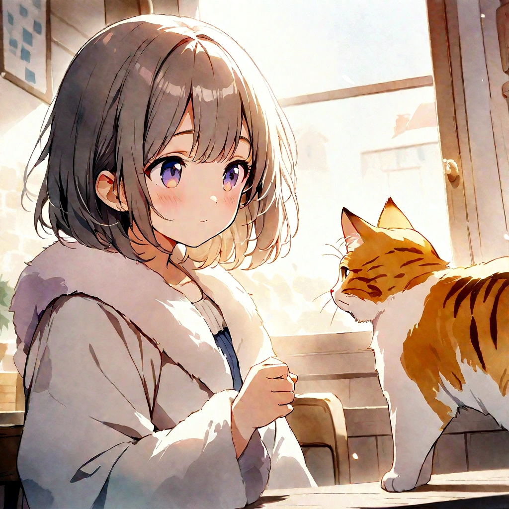 Highest quality、masterpiece、Detailed CG、American Shorthair、cute cat、Fluffy fur、Watercolor