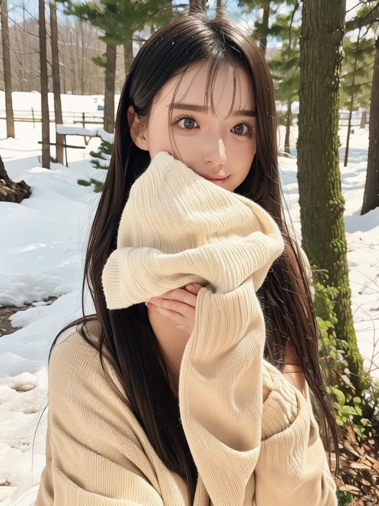 rie,One Woman,(best quality), (ultra detailed), (absolutely resolution), (the body is moist:1.2),Face is front, 24-years-old, Pout your lips, (Completely naked:2.0), Black Hair, smile, Snow melting in the early spring forest