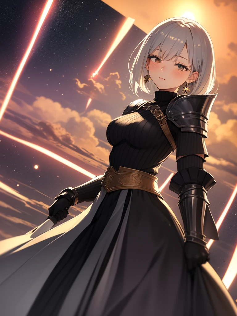1girl, solo, armor, earrings, jewelry, shoulder armor, sky, looking at viewer, gloves, black gloves, fire, star (sky), bangs, starry sky, closed mouth, short hair, yellow eyes, breastplate, pauldrons, outdoors, faulds, hand up, grey hair, magic, blush, standing, gauntlets, slit pupils, vambraces, long sleeves, dress, white hair, turtleneck, armored dress, cloud, breasts, cowboy shot, night sky, medium hair, night, white dress, puffy sleeves, from below, sweater, long hair, orange eyes, black sweater, expressionless, swept bangs, shirt, medium breasts, white background, black shirt, fantasy, dutch angle, arm at side, sidelocks, knight, glowing, cloudy sky, blue sky, skirt, gradient sky, simple background, looking down, weapon, long dress, black dress, upper body, black hair, turtleneck sweater, blonde hair, brown eyes, ribbed sweater, long skirt, juliet sleeves, shiny, large breasts, smile, hair between eyes, sunset, 1boy, tabard, shiny hair, flame, gem, energy ball, plate armor, stud earrings, floating, single earring, bracer, blue eyes, clenched hand, galaxy, star (symbol), sun, light particles, brown hair, white skirt, very long hair, black armor, cross, closed eyes, waist cape, parted lips, cross earrings, backlighting, floating hair, dangle earrings, blurry, white shirt, signature, milky way, sword, hair ornament, male focus, space, energy, holding, pyrokinesis, purple sky, frown, twilight