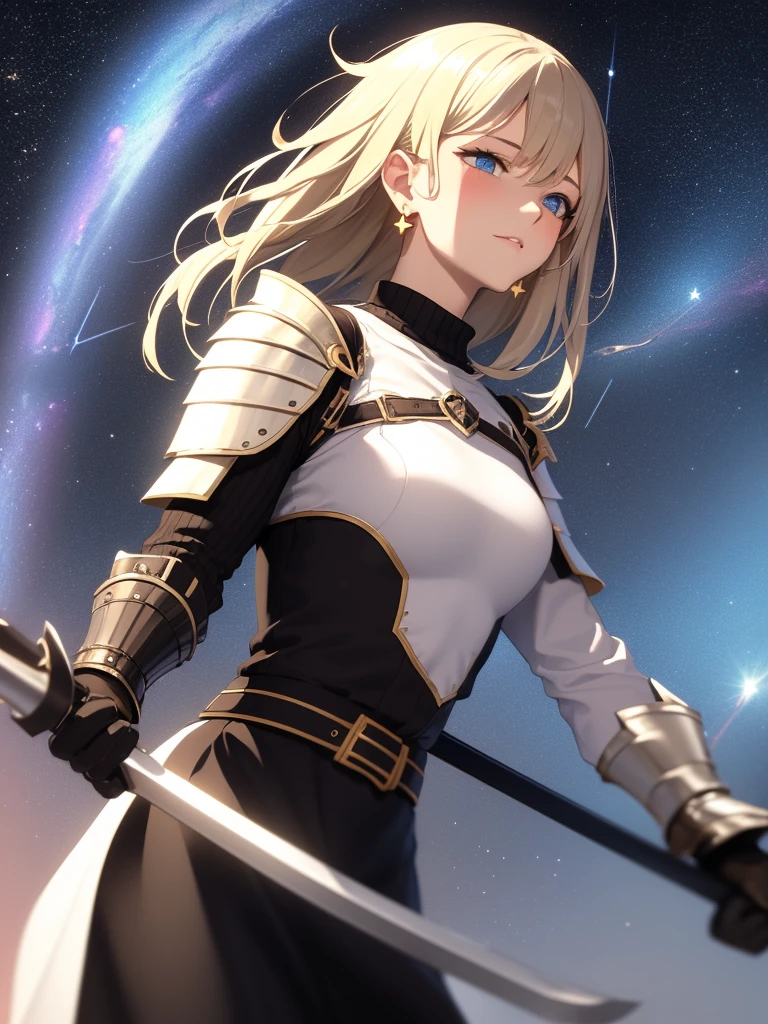 1girl, solo, armor, earrings, jewelry, shoulder armor, sky, looking at viewer, gloves, black gloves, fire, star (sky), bangs, starry sky, closed mouth, short hair, yellow eyes, breastplate, pauldrons, outdoors, faulds, hand up, grey hair, magic, blush, standing, gauntlets, slit pupils, vambraces, long sleeves, dress, white hair, turtleneck, armored dress, cloud, breasts, cowboy shot, night sky, medium hair, night, white dress, puffy sleeves, from below, sweater, long hair, orange eyes, black sweater, expressionless, swept bangs, shirt, medium breasts, white background, black shirt, fantasy, dutch angle, arm at side, sidelocks, knight, glowing, cloudy sky, blue sky, skirt, gradient sky, simple background, looking down, weapon, long dress, black dress, upper body, black hair, turtleneck sweater, blonde hair, brown eyes, ribbed sweater, long skirt, juliet sleeves, shiny, large breasts, smile, hair between eyes, sunset, 1boy, tabard, shiny hair, flame, gem, energy ball, plate armor, stud earrings, floating, single earring, bracer, blue eyes, clenched hand, galaxy, star (symbol), sun, light particles, brown hair, white skirt, very long hair, black armor, cross, closed eyes, waist cape, parted lips, cross earrings, backlighting, floating hair, dangle earrings, blurry, white shirt, signature, milky way, sword, hair ornament, male focus, space, energy, holding, pyrokinesis, purple sky, frown, twilight
