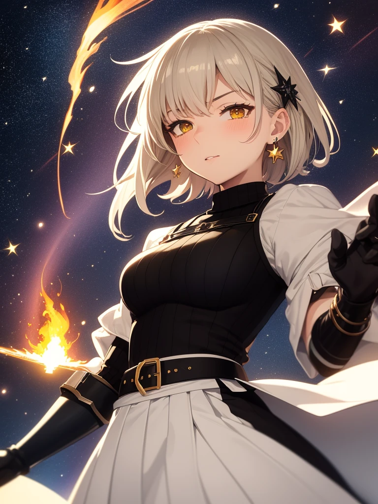 1girl, solo, armor, earrings, jewelry, shoulder armor, sky, looking at viewer, gloves, black gloves, fire, star (sky), bangs, starry sky, closed mouth, short hair, yellow eyes, breastplate, pauldrons, outdoors, faulds, hand up, grey hair, magic, blush, standing, gauntlets, slit pupils, vambraces, long sleeves, dress, white hair, turtleneck, armored dress, cloud, breasts, cowboy shot, night sky, medium hair, night, white dress, puffy sleeves, from below, sweater, long hair, orange eyes, black sweater, expressionless, swept bangs, shirt, medium breasts, white background, black shirt, fantasy, dutch angle, arm at side, sidelocks, knight, glowing, cloudy sky, blue sky, skirt, gradient sky, simple background, looking down, weapon, long dress, black dress, upper body, black hair, turtleneck sweater, blonde hair, brown eyes, ribbed sweater, long skirt, juliet sleeves, shiny, large breasts, smile, hair between eyes, sunset, 1boy, tabard, shiny hair, flame, gem, energy ball, plate armor, stud earrings, floating, single earring, bracer, blue eyes, clenched hand, galaxy, star (symbol), sun, light particles, brown hair, white skirt, very long hair, black armor, cross, closed eyes, waist cape, parted lips, cross earrings, backlighting, floating hair, dangle earrings, blurry, white shirt, signature, milky way, sword, hair ornament, male focus, space, energy, holding, pyrokinesis, purple sky, frown, twilight