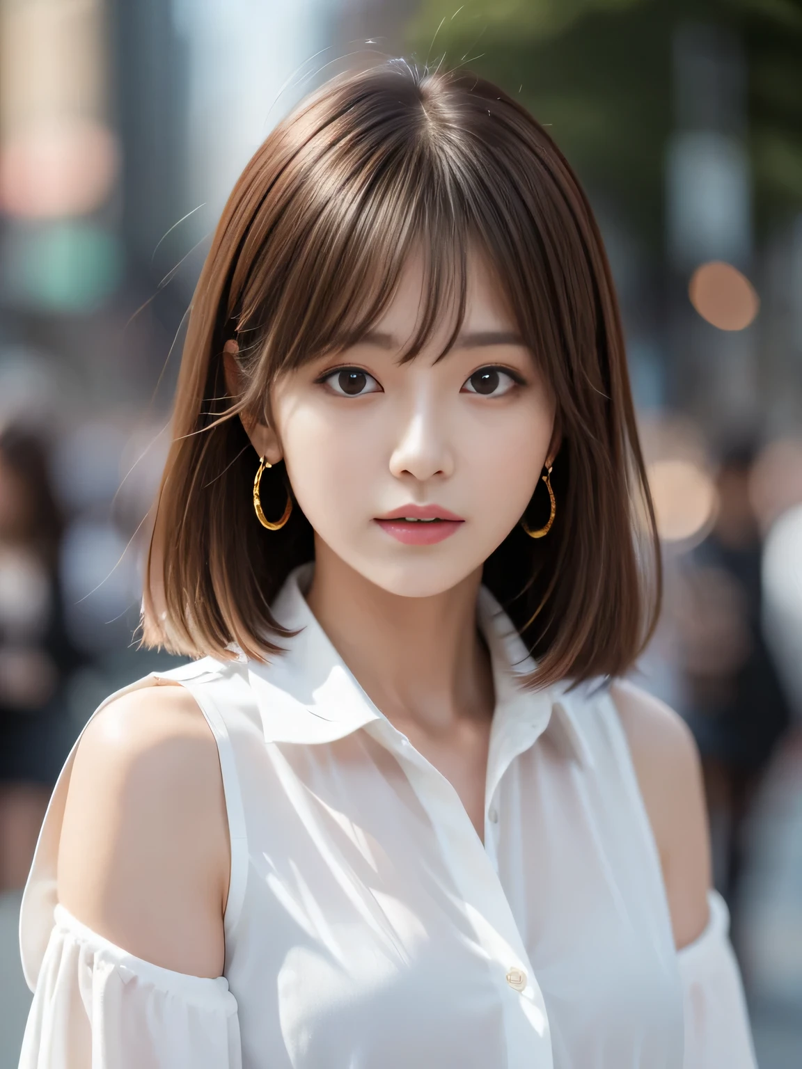 Ultra High Definition, Superior Quality, Premier Quality, ultra detailed, Photorealistic, 8k, RAW Photos, highest quality, masterpiece, Attractive girl, Stunning girl, Brown Hair, Shoulder Length Layered, asymmetrical bangs, K-pop Idol, Sophisticated girl, white shirt with collar, Shibuya,