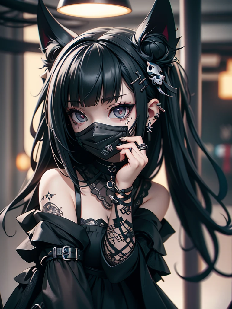 Highest quality、8K、masterpiece：1.3、Gothic Punk、The inside color is red、Black-haired、hair ornaments、Beautiful girl、creative、Dark Fantasy Style、Neogoth、Goth Fashion：1.2、High resolution、masterpiece、Highest quality、頭w:1.3、((Hasselblad Photos))、Fine skin、Sharp focus、(Cinematic lighting)、Realistic textured hair、((Black Mask)),Esbian all over、((View from below))