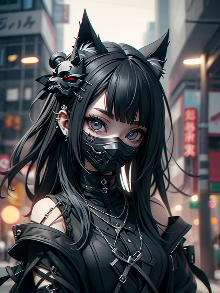 Highest quality、8K、masterpiece：1.3、Gothic Punk、The inside color is red、Black-haired、hair ornaments、Beautiful girl、creative、Dark Fantasy Style、Neogoth、Goth Fashion：1.2、High resolution、masterpiece、Highest quality、頭w:1.3、((Hasselblad Photos))、Fine skin、Sharp focus、(Cinematic lighting)、Realistic textured hair、((Black Mask)),Esbian all over、((View from below))