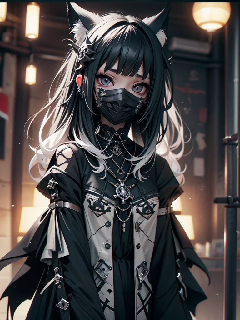 Highest quality、8K、masterpiece:1.3、Gothic Punk、The inside color is red、Black-haired、hair ornaments、Beautiful girl、creative、Dark Fantasy Style、Neogoth、Goth Fashion:1.2、High resolution、masterpiece、Highest quality、頭w:1.3、((Hasselblad Photos))、Fine skin、Sharp focus、(Cinematic lighting)、Realistic textured hair、((Black Mask)),Esbian all over、((View from below))