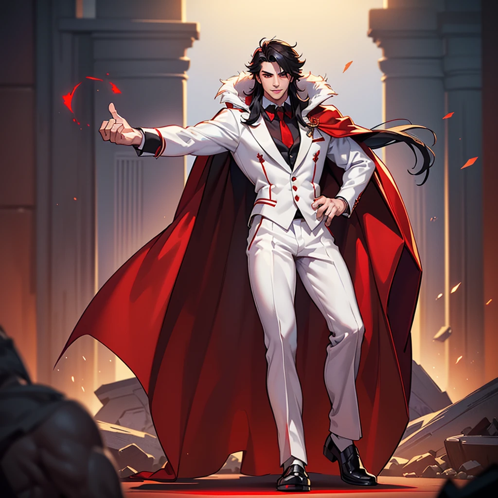 (((1boy))) (male) ((front view)) ((facing viewer))
Handsome, very detailed flawless face, detailed open red eyes, very handsome, epic, heroic, pale skin, shaved.
(muscular) bodybuilder, ((big muscles)), ((large pectorals)), narrow waist, ((Very, medium long hair, red and black gradient)),
seductive smile, Realistic face, realistic eyes, ???????, mismatched pupils, Swear,
((((Wearing a white fit tuxedo and pants with little bit red, dark red fur long cape)))), illidan, dragon horns, full body, muscular legs, beefy ???, fender,
Highly detailed art, dramatic volumetric light, artstation, beautiful modern illustration, ((anatomically correct)).