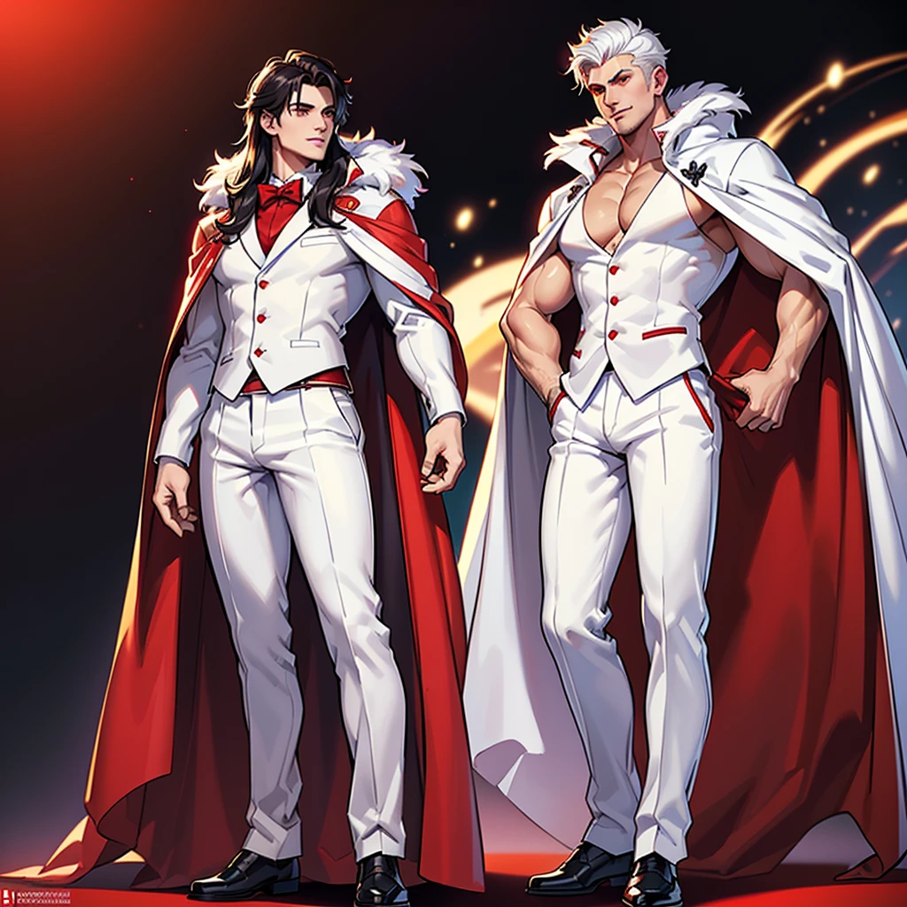 (((1boy))) (male) ((front view)) ((facing viewer))
Handsome, very detailed flawless face, detailed open red eyes, very handsome, epic, heroic, pale skin, shaved.
(muscular) bodybuilder, ((big muscles)), ((large pectorals)), narrow waist, ((Very, medium long hair, red and black gradient)),
seductive smile, Realistic face, realistic eyes, topless, mismatched pupils, Swear,
((((Wearing a white fit tuxedo and pants with little bit red, dark red fur long cape)))), illidan, dragon horns, full body, muscular legs, beefy ass, fender,
Highly detailed art, dramatic volumetric light, artstation, beautiful modern illustration, ((anatomically correct)).