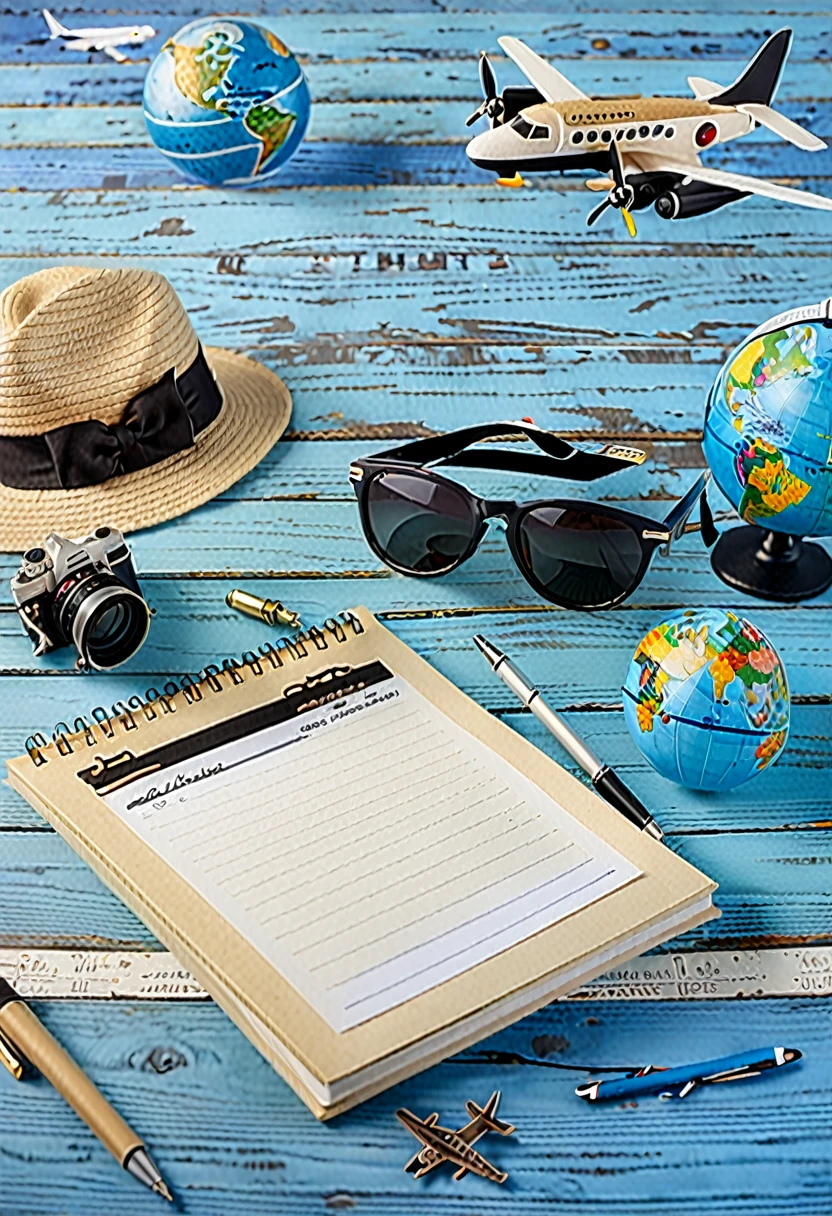 Banner: on the right side on a blue wooden table there is a beige hat with a black ribbon, a small white airplane, a globe, sunglasses, a small calendar with a notebook and a pen, a camera,