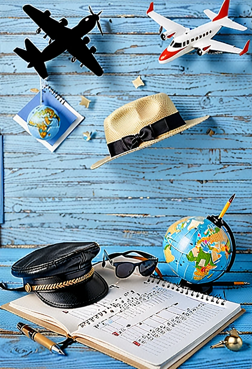 Banner: on the right side on a blue wooden table there is a beige hat with a black ribbon, a small white airplane, a globe, sunglasses, a small calendar with a notebook and a pen, a camera,