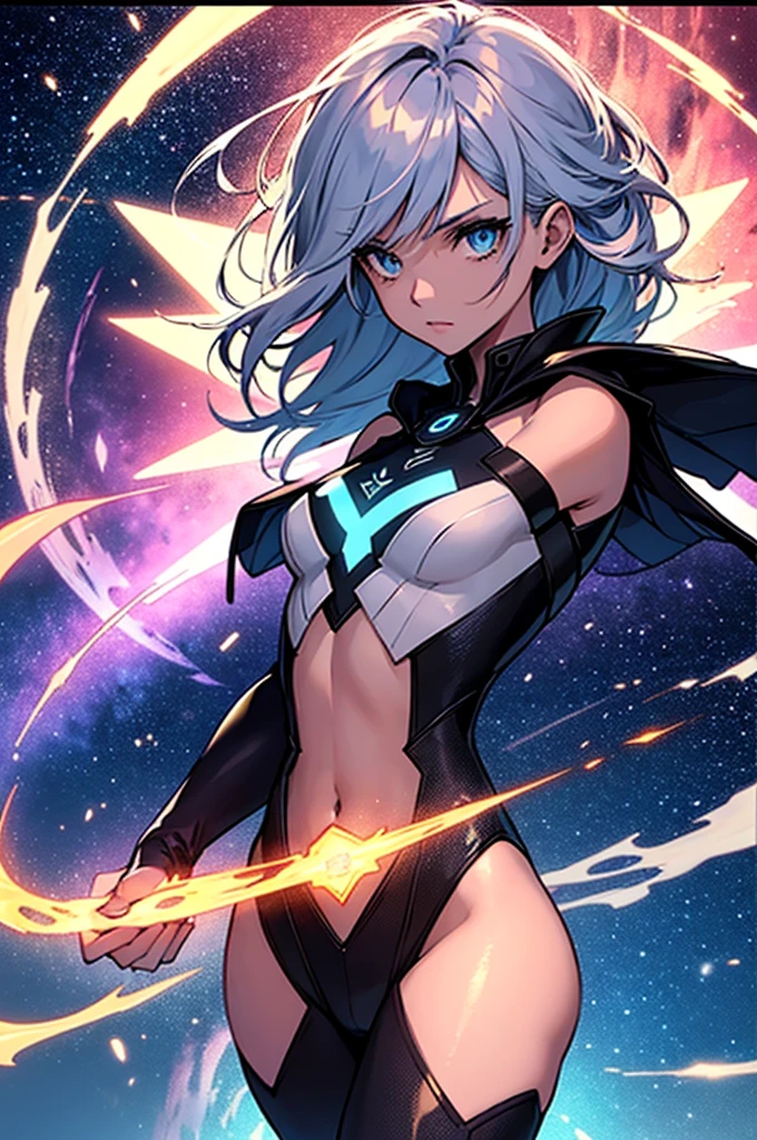 cosmic background:
A space scene with nebulae, Stars and galaxies, reflecting the interdimensional theme.
Image of Riven:
Riven in central position, with a cryptic expression. Um olho azul celestial e o outro rot ardente. Wearing black outfits with blue details, rot, silver and gold, highlighting your mysterious figure.
Orb two worlds:
The orb floating next to Riven, emanating an intense light, symbolizing your connection with other dimensions.
mysterious light:
A small floating light that guided Riven to the temple, Adding an Element of Mystery.
testi:
Title of the Live: “Between Light and Shadows” Tagline: “Join the interdimensional journey” Channel Name: “Riven Starwind”
Estilo e Cores:
Paleta de cores: cosmic black, azul celestial, fiery red, mystic silver, Golden Style: Futuristic and mystical design with light and shadow effects. Stylized fonts with a touch of fantasy and science fiction.
Additional Detail:
Floating Elements: Small cosmic shards and runes floating around Riven's image to add dynamics and depth.
Border and Layout: Soft, rounded edges with a slight shine, complementing the interdimensional theme.