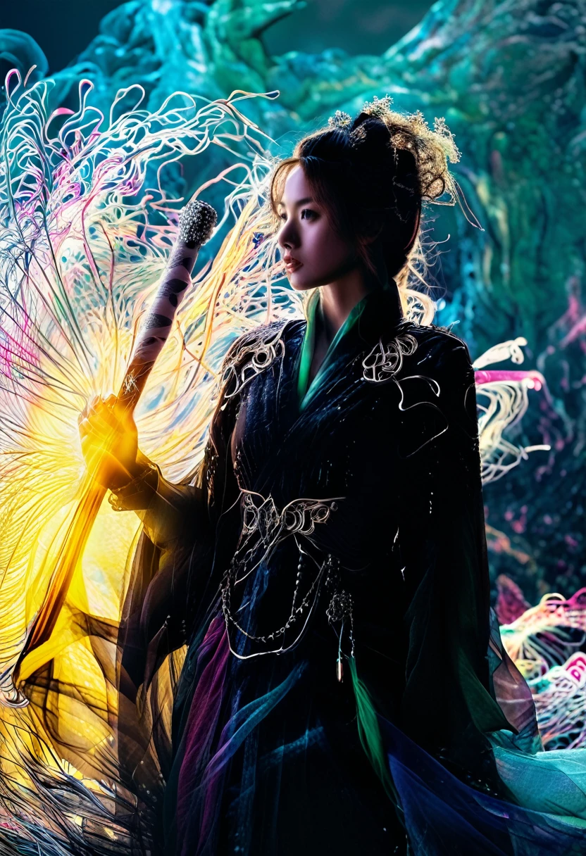 upperbody Photography of female swordman，atomically correct,Raw, cinematic shot, (sharp focus:1.5), (photorealistic:1.4), twilight lighting, volumetric lighting, ultra high res, 16K,dramatic lighting, abstract backgrounds：1.5），Glowing sword,(Fighting posture),Hold the hilt of a sword in your hand，1sword，solo，（zentangle，datura，Tangles，entangled：0.7） , depth of field, Fantastical Atmosphere, The most beautiful form of chaos, ellegance, Dark theme of Fauvist design, Flower of Death, Flowers of ecstasy，Glowing Line,Glow Example，Tracking example，flash， Backlight，translucent，light particles，jade，xianxia