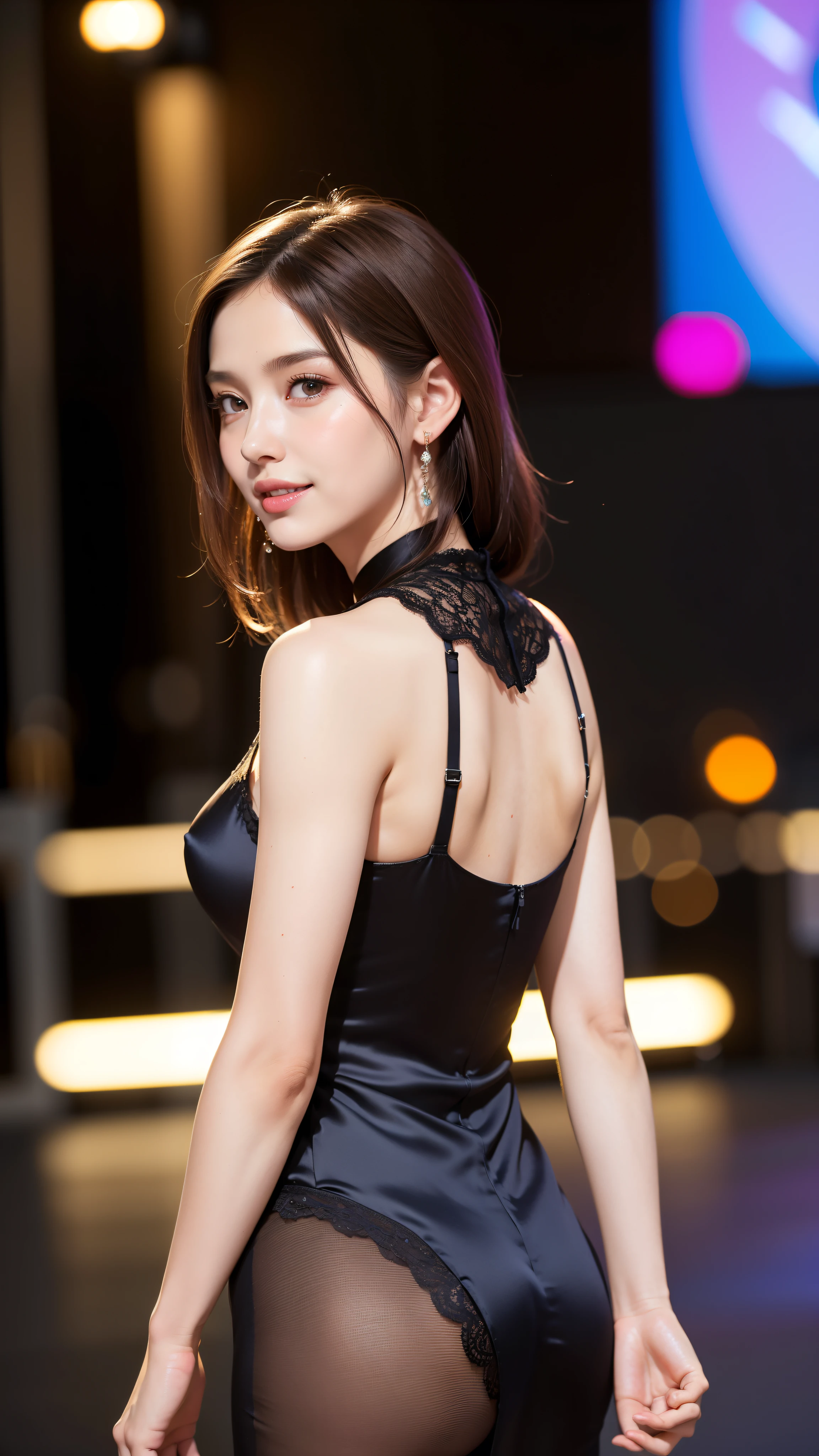 8K, masterpiece, RAW photos, best quality, Reality, extremely detailed CG unity 8K wallpaper, Depth of Field, light, lens flare, Ray tracing, (extremely beautiful face, Beautiful lips, beautiful eyes), intricate detail face, ((Ultra-delicate skin)) 1 Girl, in the darkness, Deep Shadows, Beautiful Korean girl, Korean Idol, 1 girl, (Very slim slender fit-muscled body:1.3), ((looking at the audience)),(A big smile:1.3), (Pink shirt), (Sleeveless) , (Fashionable city night scene, Night, (Neon), (Blurred background), fashion street night scene),(No people in the background:1.3), beautiful earrings, bracelet, necklace, Pantyhose, Clear eyes, walk, (Pale skin), (big eyes), Facing forward, ((Upper body shooting)), ((Silk dress:1.3)),(Brown hair),((tight fitting Lace dress)), (Lace dress), (see through), (looking at the audience:1.3) Open your heart, Very slim, Medium breasts, Look Back,((Back)), see through, Medium butt