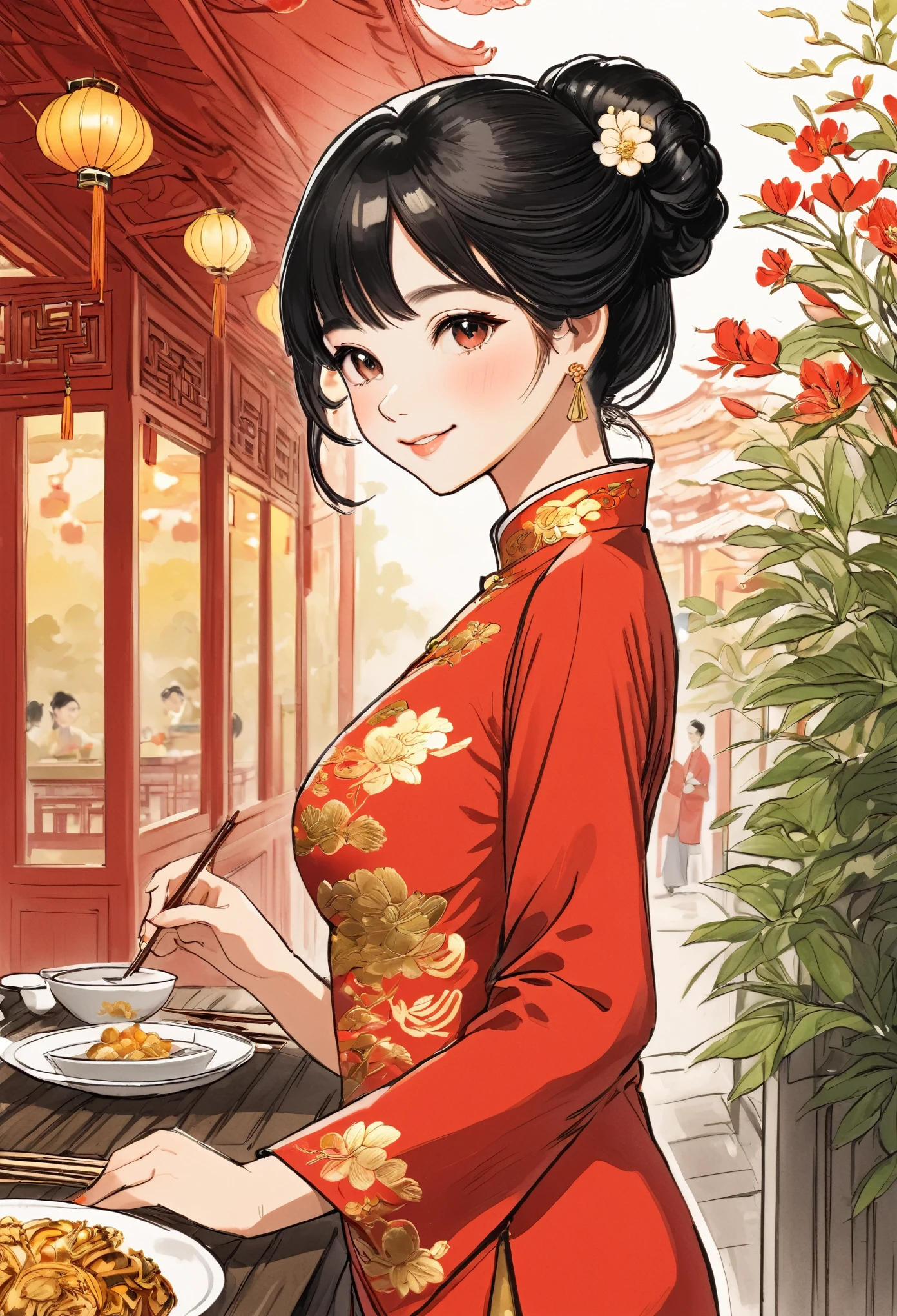 A beautiful woman, city,(Red cheongsam), (flower chignon), (gold embroidery thread), outdoor chinese restaurant, light smile, ((black hair)), little blush, side, (breast), line art, Scan Painting Art, Color pencil hand drawing, ((draft drawing style)), Thick line hand-drawn scanned painting