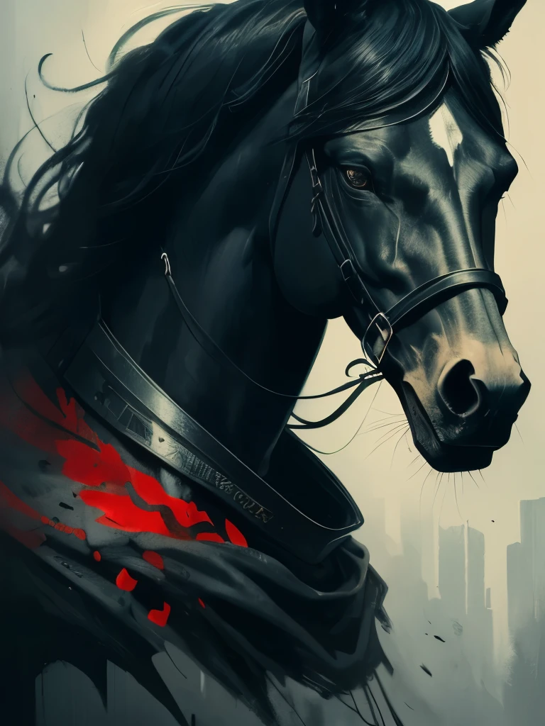 painting of a horse with a skull and a red tag, a detailed painting by Wolf Huber, trending on cgsociety, conceptual art, symmetry!! portrait of hades, eric lacombe, brett amory, art contest winner on behance, joao ruas, style of jeff soto, ray swanland, trending on deviantarthq”, ffffound, russ mills