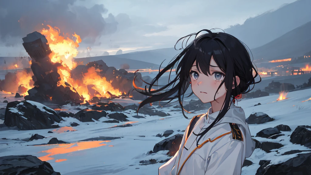 masterpiece:1.2), best quality , 独奏 ,pixiv, anime girl ，long straight white hair , black eyes ,Wearing off-white camouflage uniform ,ten years old，modern battlefield，(Eyes looking into the distance:1.3)，(look away:1.5)，snowy weather，dirty face，The background is a sea of fire with blood on the forehead，dirty face，Backlight，Bare rocky peaks ,Fierce flames are burning，The expression is sad，bullets flying，leave tears