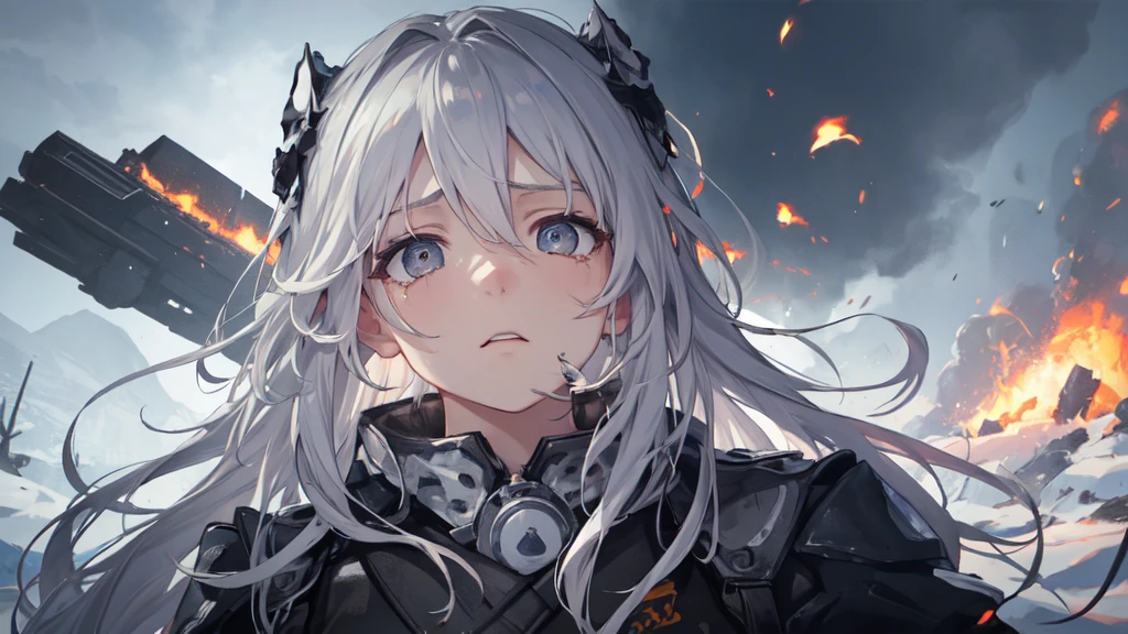 masterpiece:1.2), best quality , 独奏 ,pixiv, anime girl ，long straight white hair , black eyes ,Wearing off-white camouflage uniform ,，modern battlefield，(Eyes looking into the distance:1.3)，(look away:1.5)，snowy weather，dirty face，The background is a sea of fire with blood on the forehead，dirty face，Backlight，Bare rocky peaks ,Fierce flames are burning，The expression is sad，bullets flying，leave tears