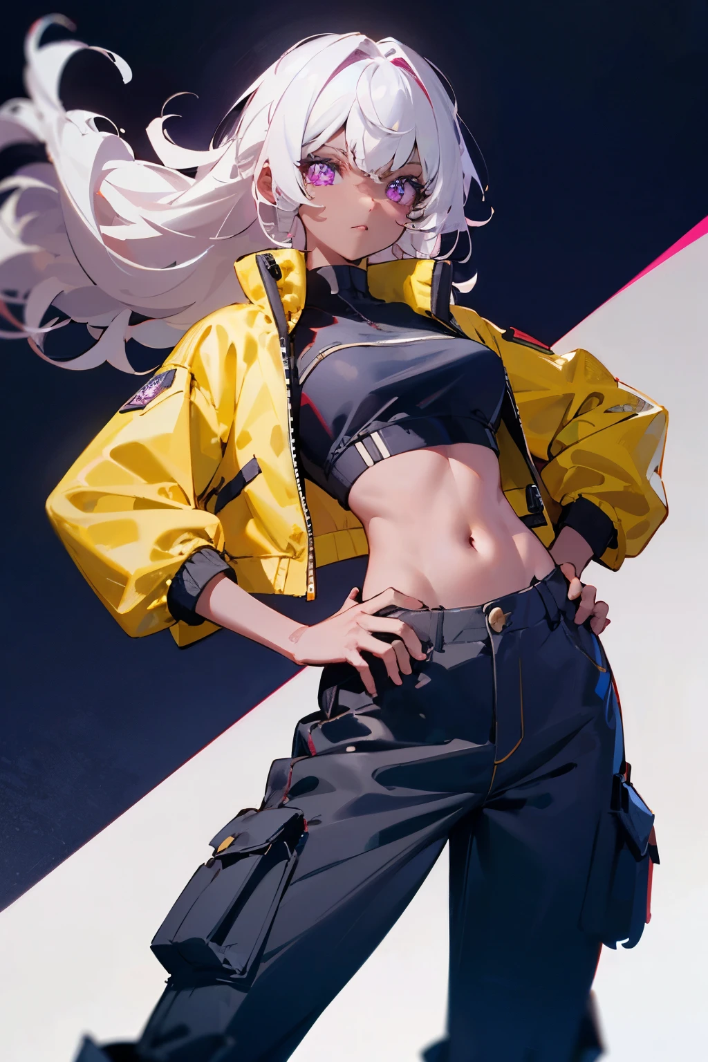 A girl who has purple eyes and curly white hair has dark skin, wears black cargo pants and a crop top over a yellow jacket.
