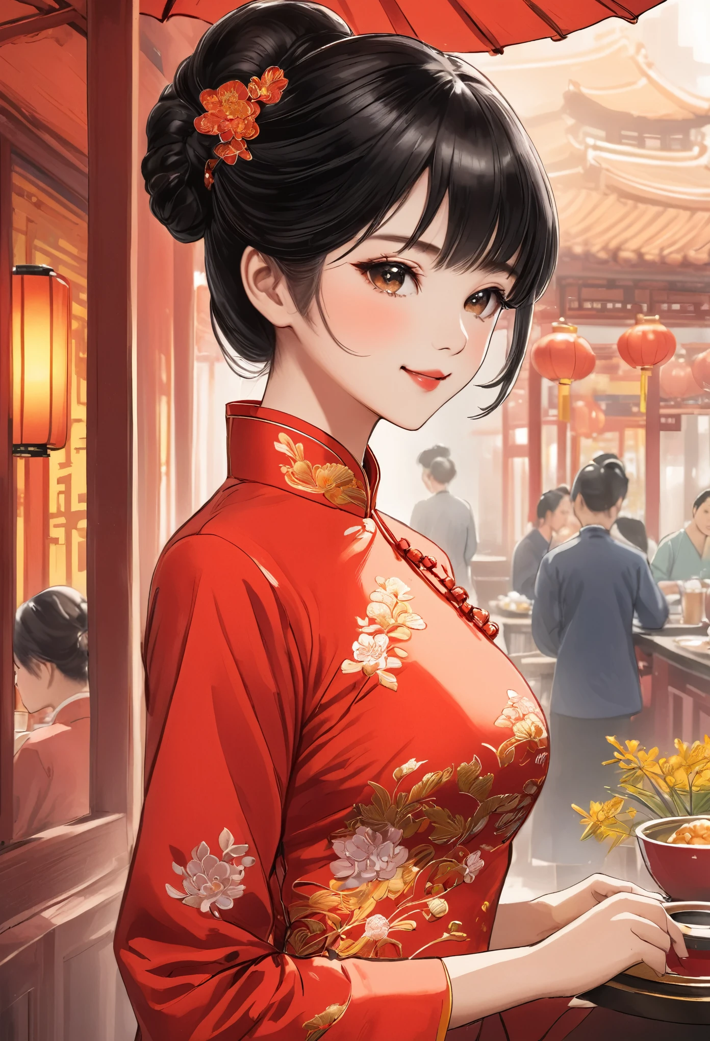 A beautiful woman, city,(Red cheongsam), (flower chignon), (gold embroidery thread), outdoor chinese restaurant, light smile, ((black hair)), little blush, side, (breast), line art, Scan Painting Art, Color pencil drawing art, (hand drawing art), ((draft drawing)), 