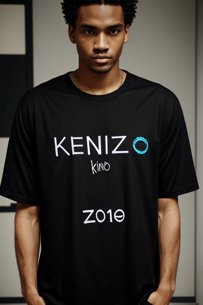  A man in a black shirt with Kenzo written on it
