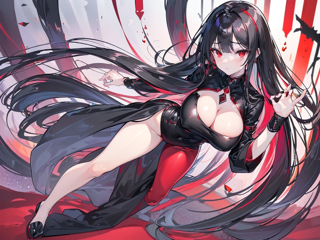 (Exquisite eyes),(Clear and beautiful eyes:1.61),masterpiece, 1 young girl,(Black clothes and some red gems), Black long hair, (She has a huge red gem on her chest), Good Hand,((The Havoc of StarCraft)),full-body shot,Fighting Stance,(Red Eyes:1.466)，short and small,(Very big breasts:1.35),(Pretty Face),(full-body shot:1.33),Beautiful hands