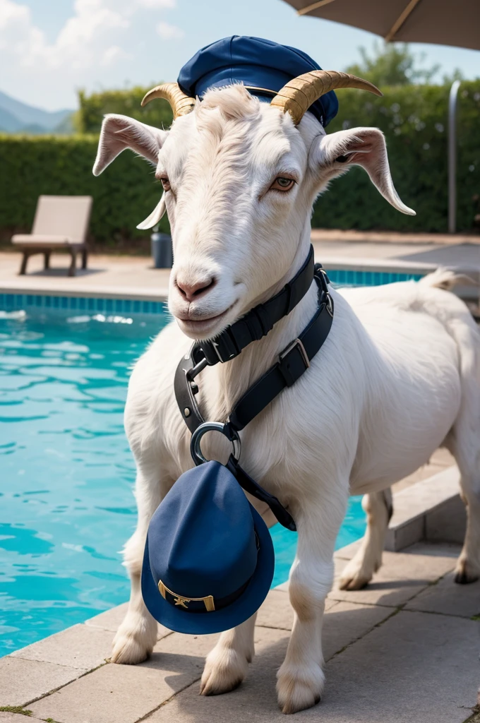 a goat with a diver's cap on the edge of a pool