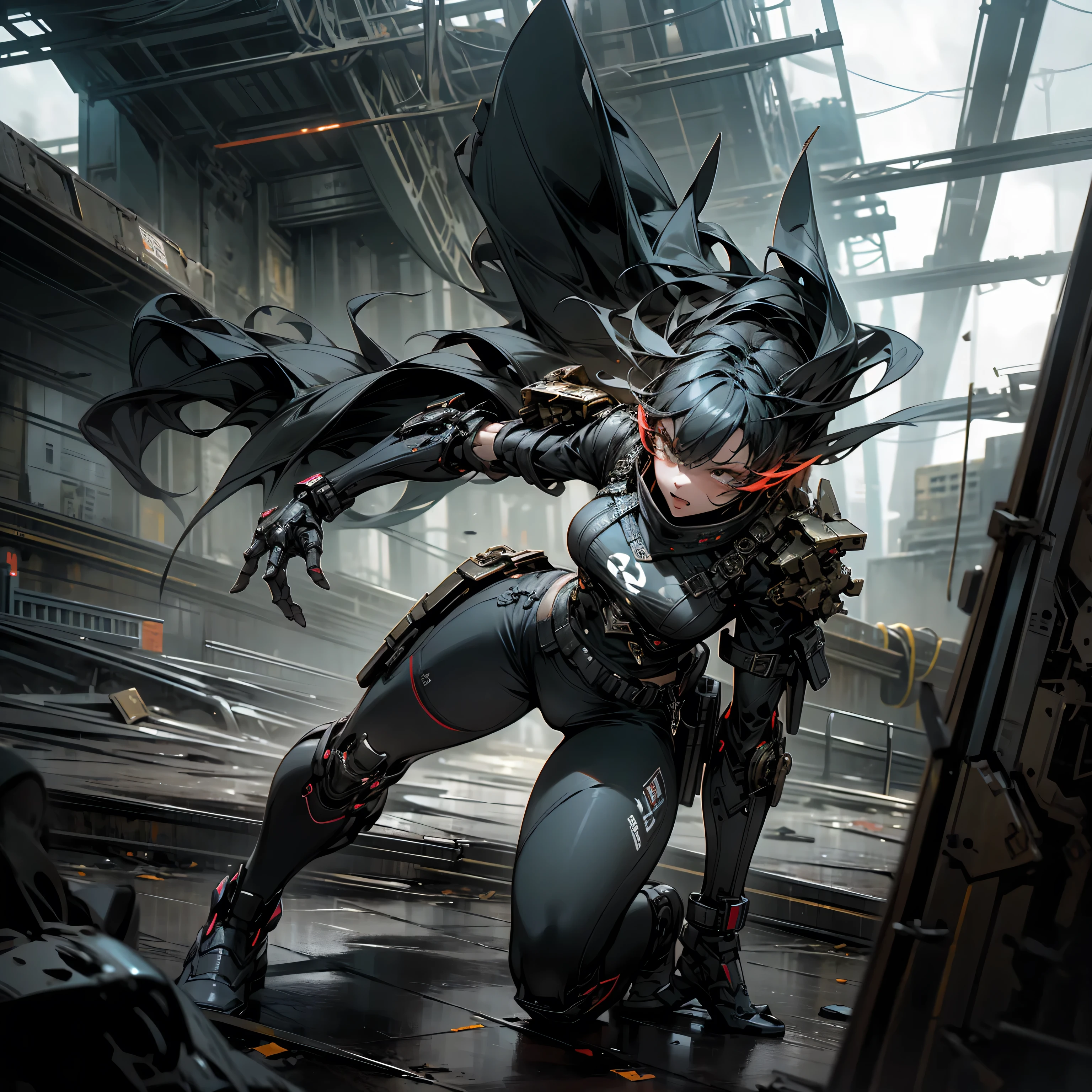 1 girl, attractive body in sexy clothes, gothic, wearing punk attire, destroyed city, in a mortal battle, solo, masterpiece, flawless, no anomalies, photorealistic, 8k, high quality, dramatic lighting, moody atmosphere, dark colors, gritty urban environment, hyper detailed, cinematic composition, dynamic pose, intense expression, body without anomalies two arms and hands without anomalies two legs without anomalies body shape without anomalies in the character