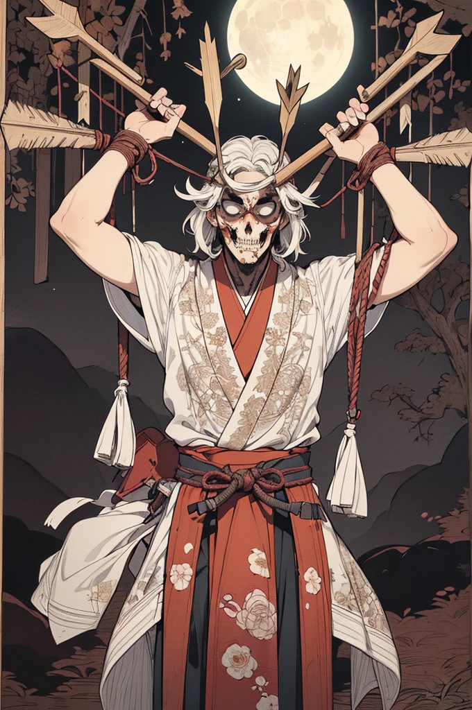 japanese line art    , a samurai( tied up  to a wooden steak with several arrows stuck in him,:1.2) lower body missing visible skeletal structure , ripped rags, rope and bloody ground, black skies and large moon , floral damask background ,  in the style of  takato yamamoto
