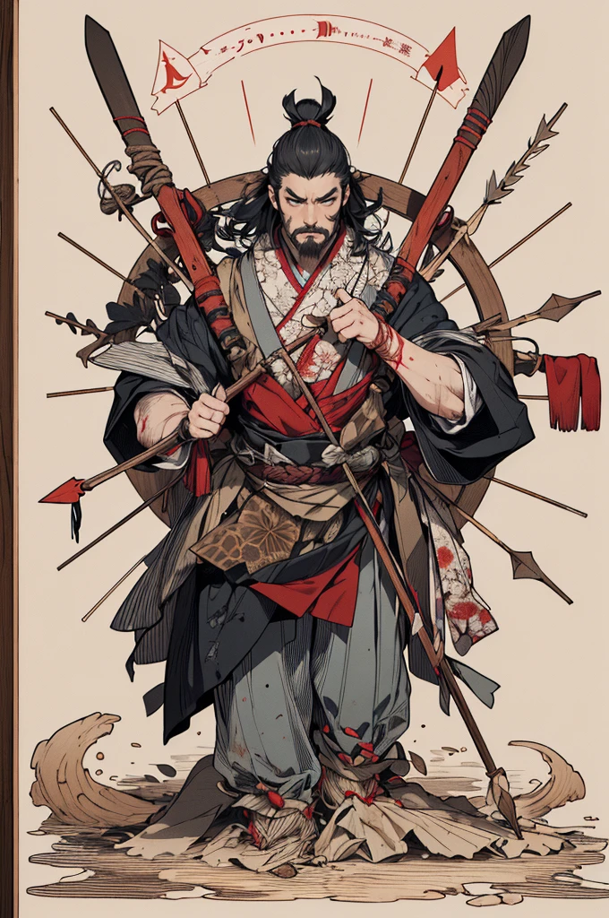 japanese line art , a samurai( tied up to a wooden steak with several arrows stuck in him,:1.2) lower body missing visible skeletal structure , ripped rags, rope and bloody ground, black skies and large moon , floral damask background , in the style of takato yamamoto