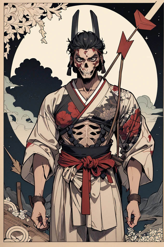 japanese line art    , a samurai( tied up  to a wooden steak with several arrows stuck in him,:1.2) lower body missing visible skeletal structure , ripped rags, rope and bloody ground, black skies and large moon , floral damask background ,  in the style of  takato yamamoto