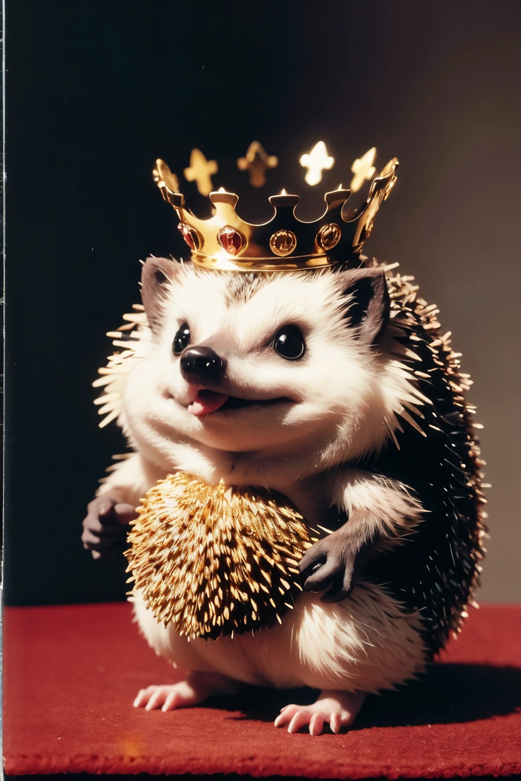hedge with a crown on its head sitting on a red surface, anthropomorphic hedgehog, hedgehog magus, beautiful animal pearl queen, mouse with crown, dressed like a queen, intellectual hedgehog, wearing a crown and suit, hedgehog, an anthropomorphic blue hedgehog, wearing a crown, hedgehog wearing a top hat, smart hedgehog, in a crown