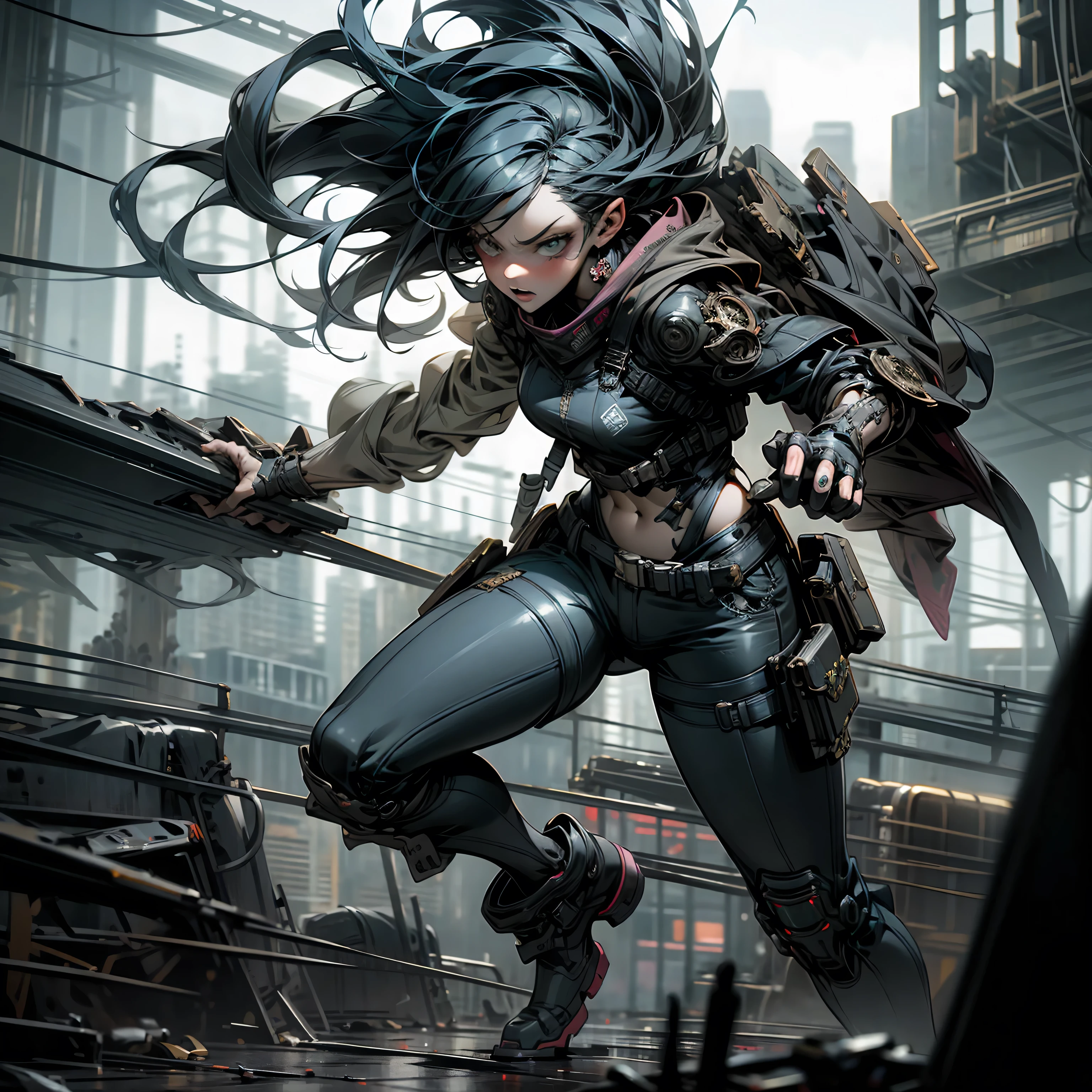 1 girl, attractive body in sexy clothes, gothic, wearing punk attire, destroyed city, in a mortal battle, solo, masterpiece, flawless, no anomalies, photorealistic, 8k, high quality, dramatic lighting, moody atmosphere, dark colors, gritty urban environment, hyper detailed, cinematic composition, dynamic pose, intense expression, body without anomalies two arms and hands without anomalies two legs without anomalies body shape without anomalies in the character