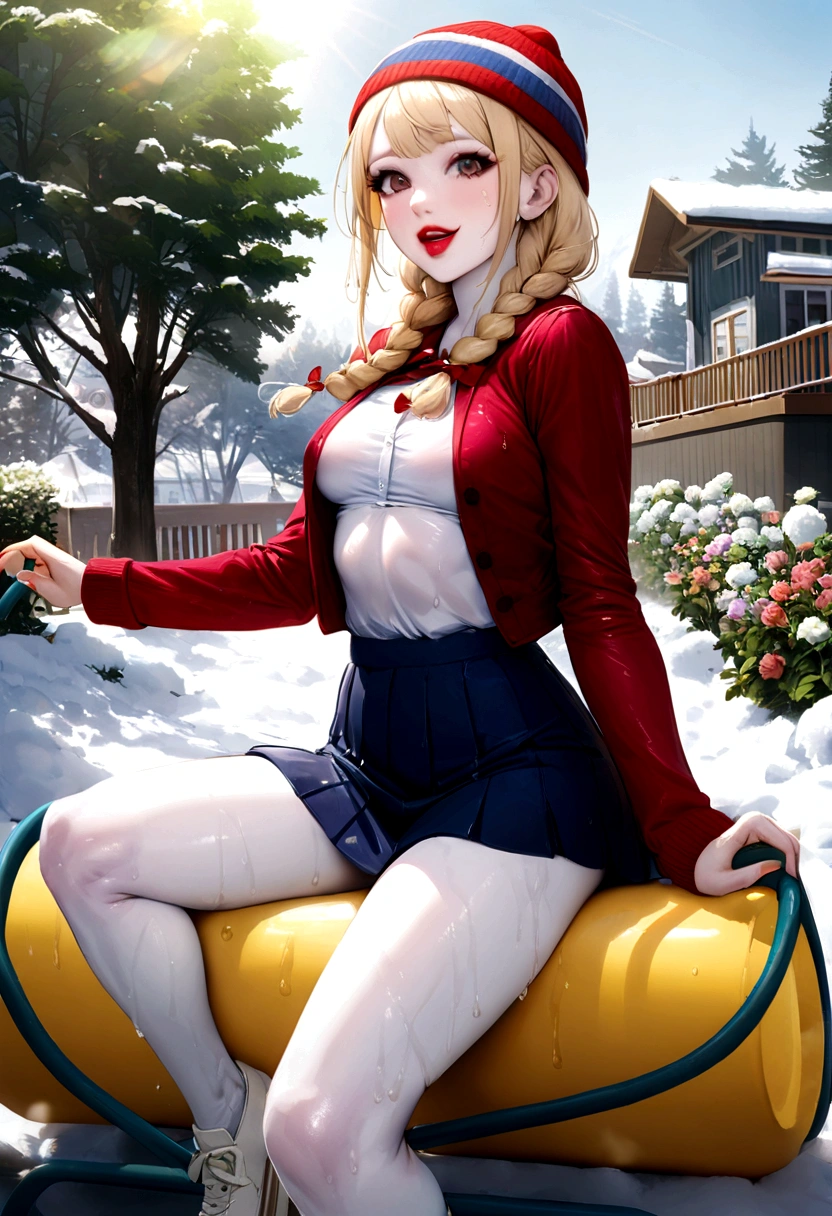a sexy and stunnig girl,(((toboggan))),upskirt,open legs,outside garden,flowers,college skirt,blonde,braids,naughty,perky and round chested,(veiny skin:1.1),raised blouse,pale skin,white girl,life like,(snow white skin:1.1),wet,sweated,heat,sunny day,happy and and excited,blue eyes,red lipstick,breathtaking girl,lens flare,wet