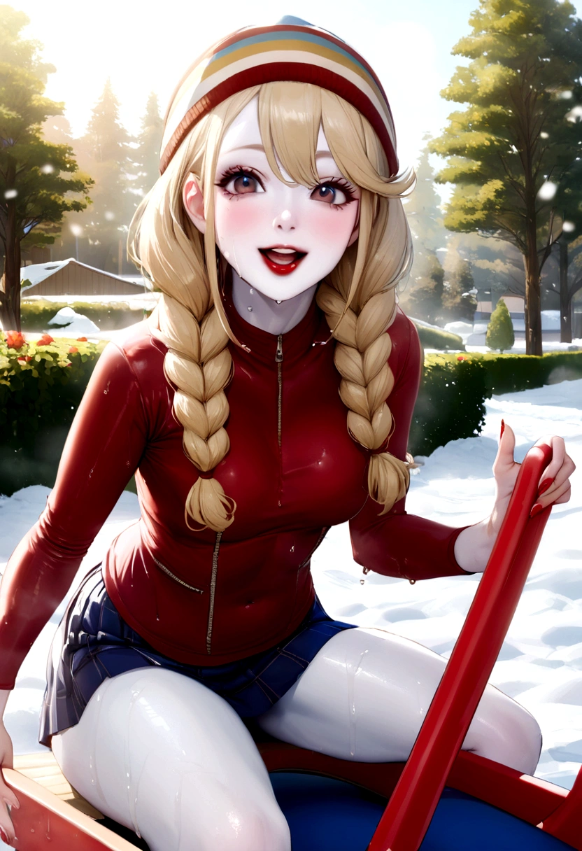 a sexy and stunnig girl,(((toboggan))),upskirt,open legs,outside garden,flowers,college skirt,blonde,braids,naughty,perky and round chested,(veiny skin:1.1),raised blouse,pale skin,white girl,life like,(snow white skin:1.1),wet,sweated,heat,sunny day,happy and and excited,blue eyes,red lipstick,breathtaking girl,lens flare,wet