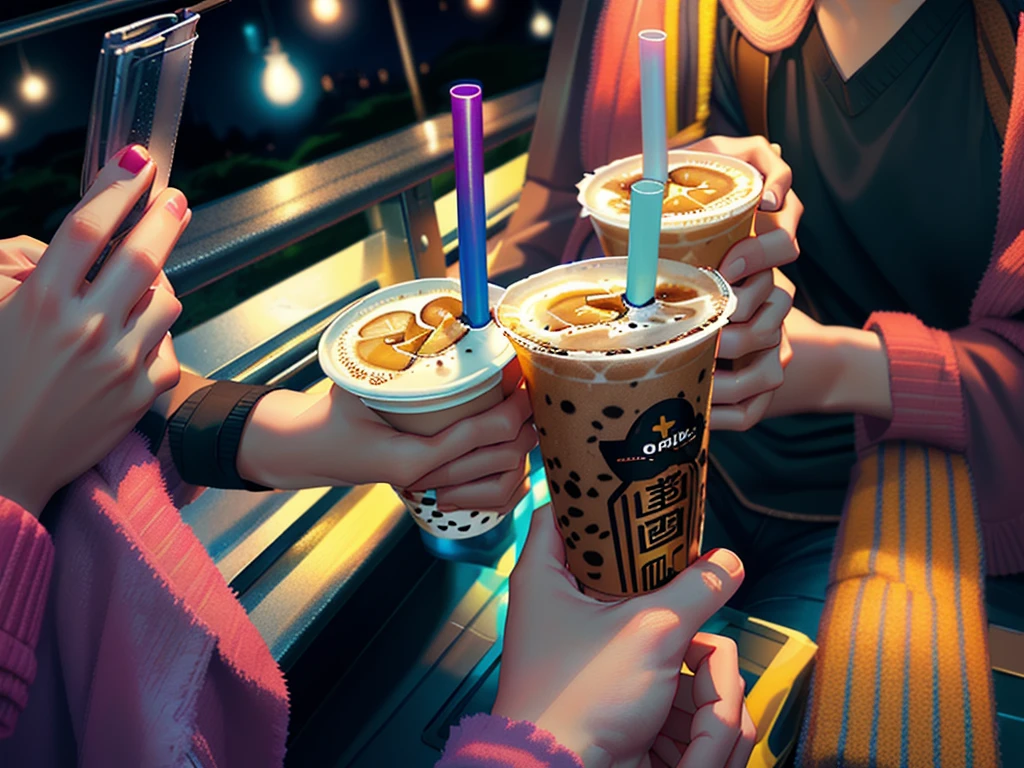 Someone holding a cup of coffee and a mobile phone, drinking boba tea, drink, Colored milk tea, drink milkshakes together, drinks, tea drinking and paper lanterns, straw, cold drinks, holding a drink, Night shooting的照片, at night, Hot ,, 3delight, byNiko Henrichon, with a straw, Night shooting